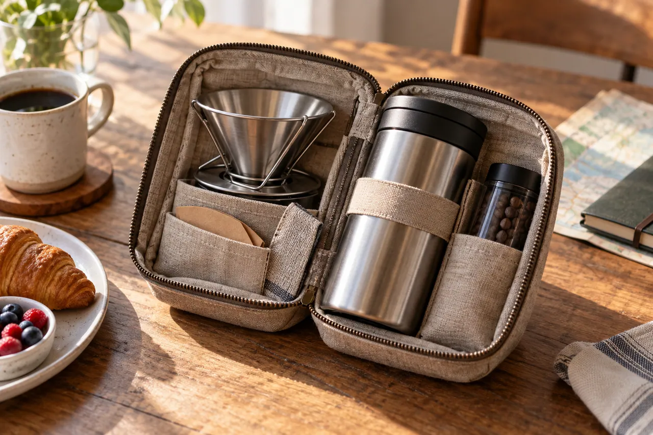 A compact coffee dripper and steel travel cup arranged inside an open linen travel pouch on a breakfast table.
