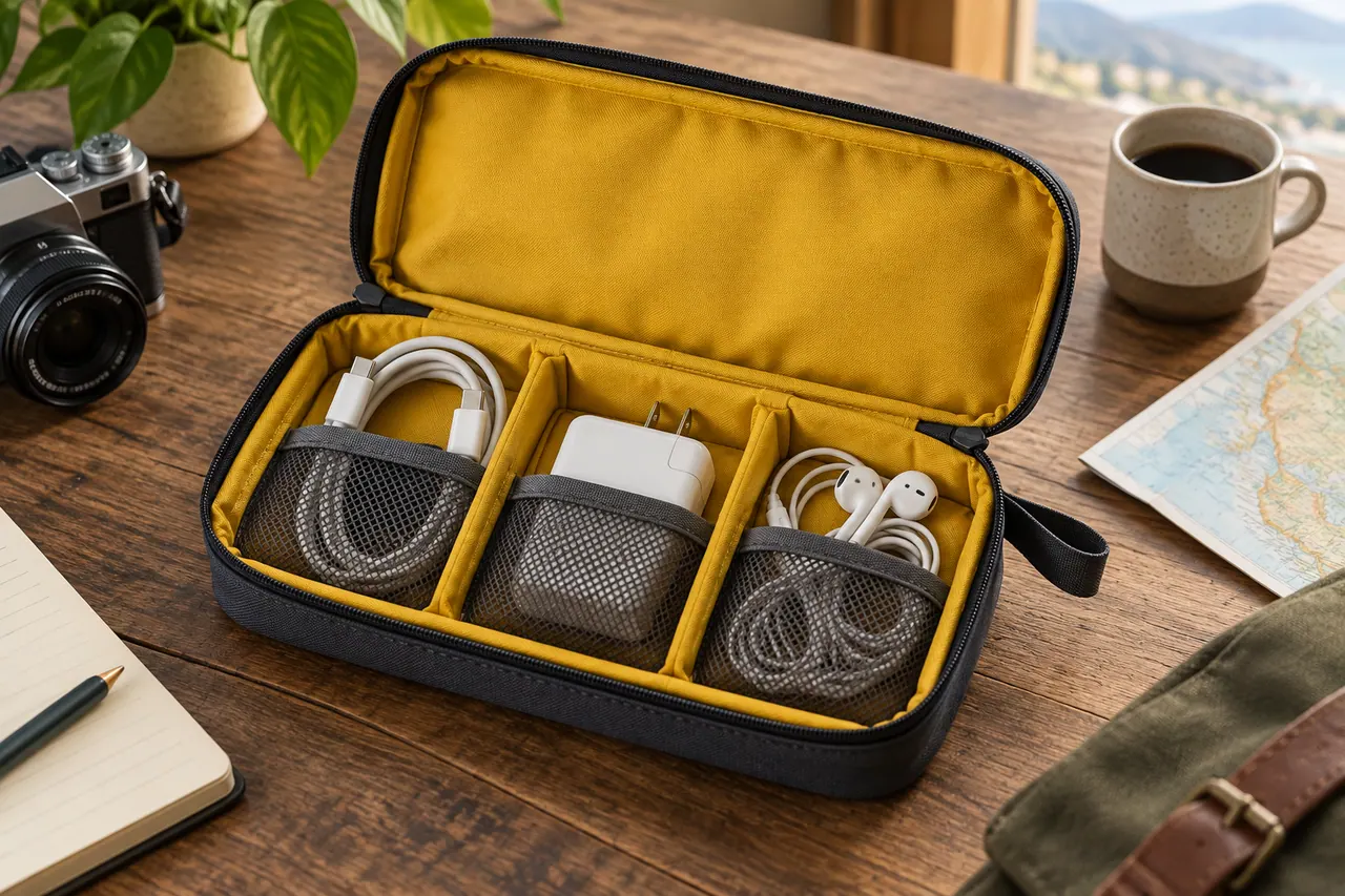 An open plain slate travel organizer pouch with contrasting yellow lining and three visible compartments holding a charging cable.